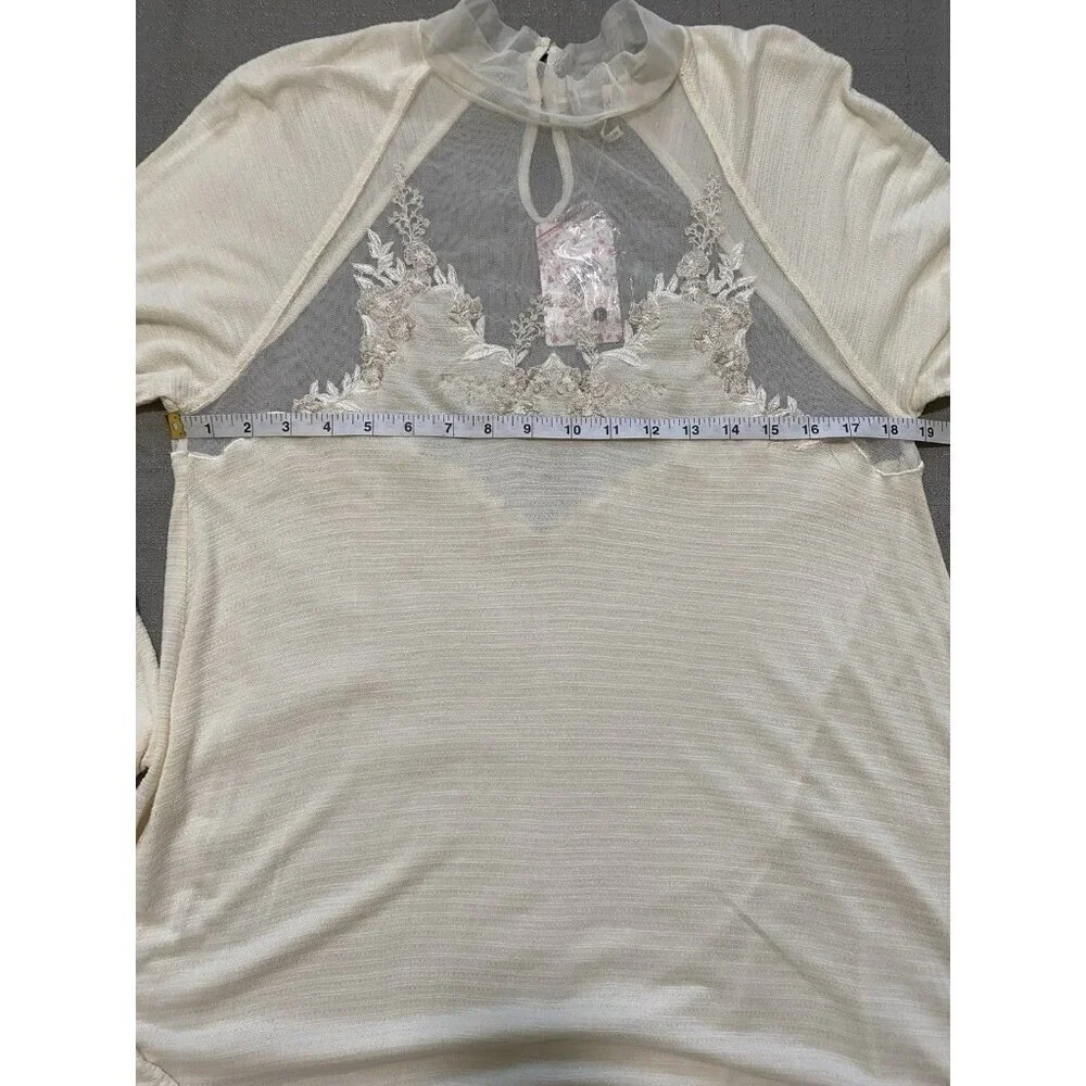 Free People Women's Size Large Ivory Saheli Mesh Embroidered Mock Neck Tunic Top